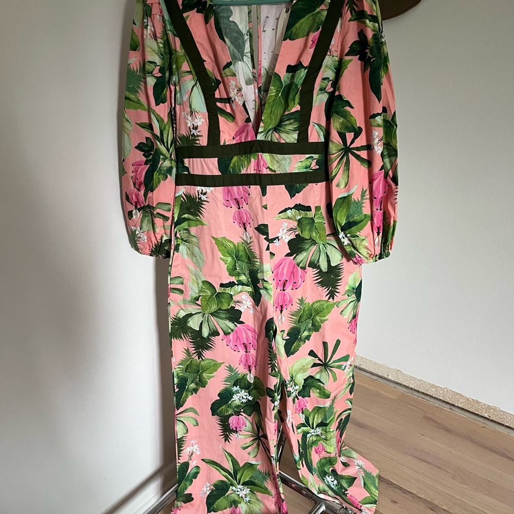 Anthropologie farm rio Pink and Green Tropical Jumpsuit